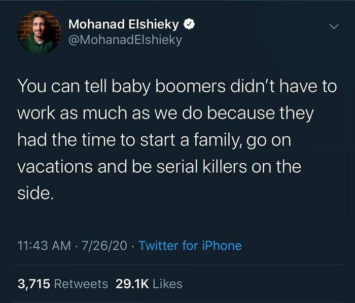 Tweet about baby boomers having time for family, vacations, and being serial killers, funny true crime meme.