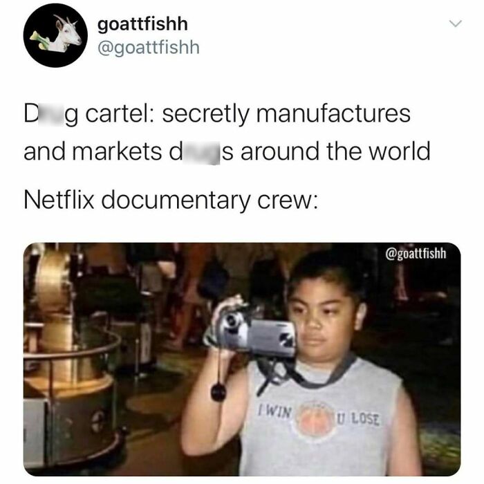 Meme about true crime fans and Netflix documentary crews with a boy filming on a camcorder indoors at night.