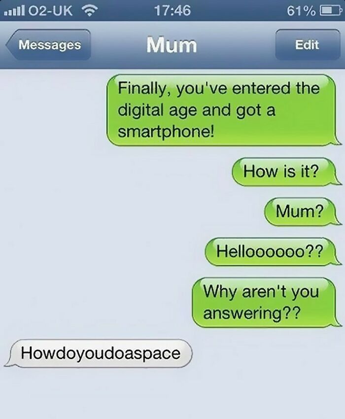Text message exchange showing a humorous conversation about learning to use a smartphone in funny texts.