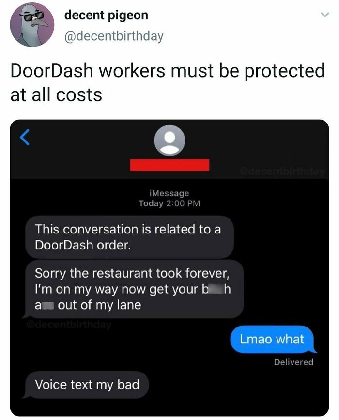 Screenshot of a humorous text exchange about DoorDash order delays, highlighting relatable fatigue of being human.
