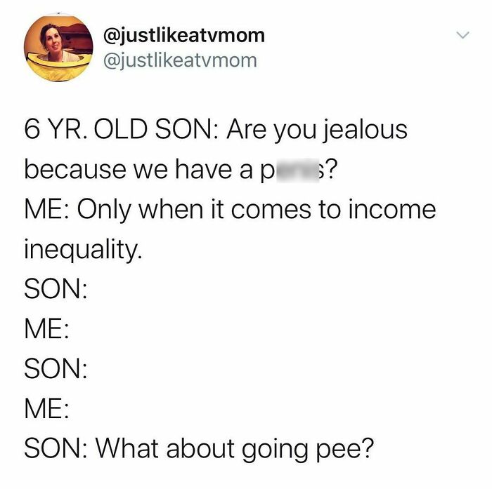 Parenting meme showing humorous text conversation between parent and 6-year-old son about jealousy and going pee.