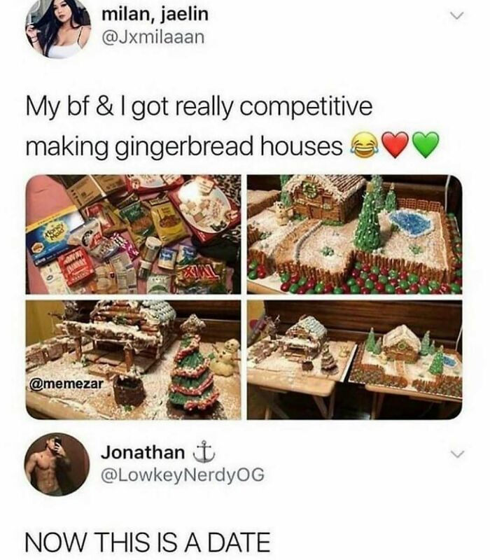 Couple competes making detailed gingerbread houses, showing wholesome relationship memes capturing fun and creativity together.