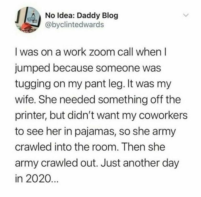 Text meme about a relatable wholesome relationship moment during a work Zoom call with a wife in pajamas.