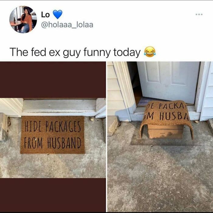 Social media meme showing a doormat used to hide packages from husband, a relatable wholesome relationship meme.