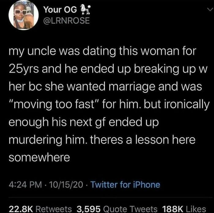 Tweet about a 25-year relationship ending over marriage pace, followed by a tragic next relationship in relatable relationship memes.