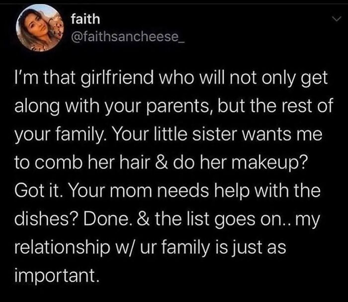 Tweet about a girlfriend who values her partner’s family, showing wholesome relationship memes beyond relatable moments.