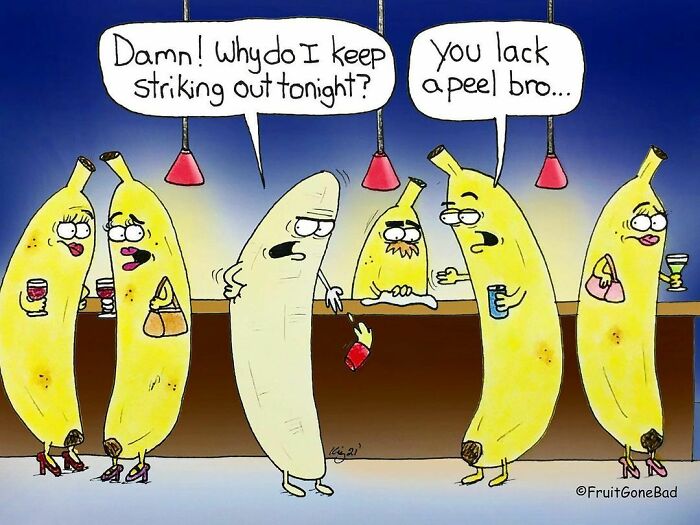 Bananas anthropomorphized in a bar setting, featuring a comic twist on fruit-themed humor and playful wordplay.