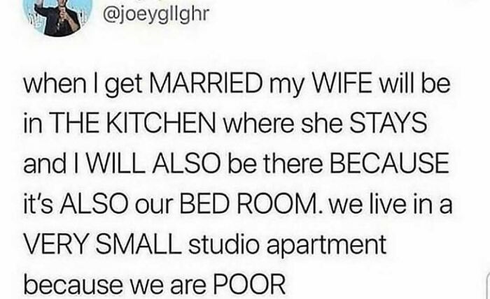 Wholesome relationship meme about a small studio apartment where married couple spends time together in the kitchen/bedroom.