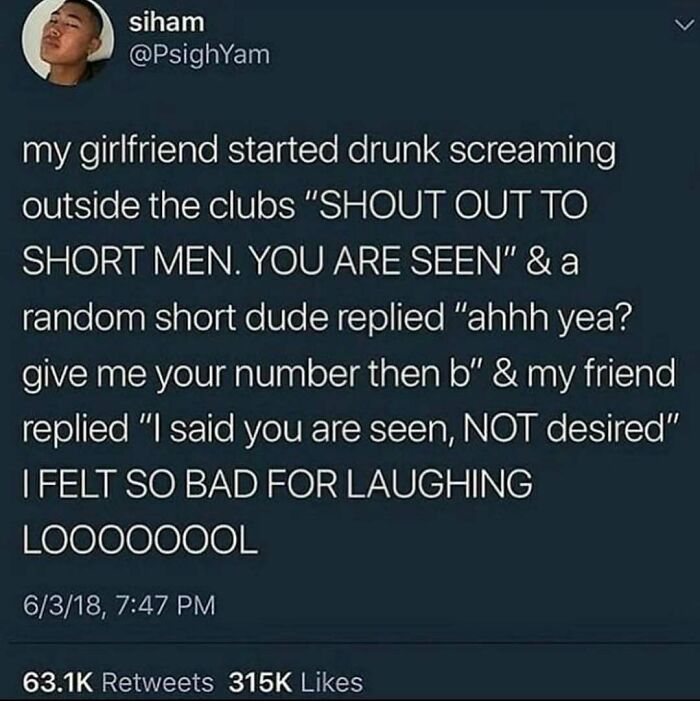 Twitter post sharing a wholesome relationship meme about a funny interaction involving short men and a girlfriend.