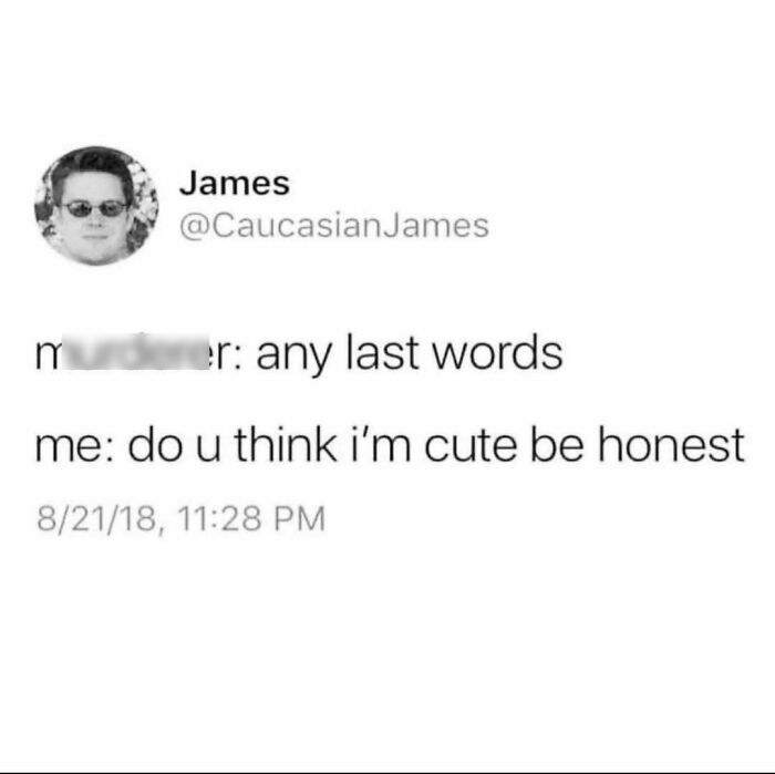 Screenshot of a funny true crime meme with a last words joke about being cute and honest.