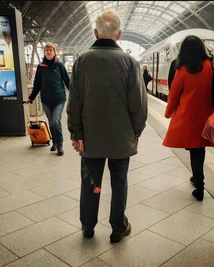 Older man at train station holding a single rose behind his back, showcasing cool and stylish grandparents fashion.