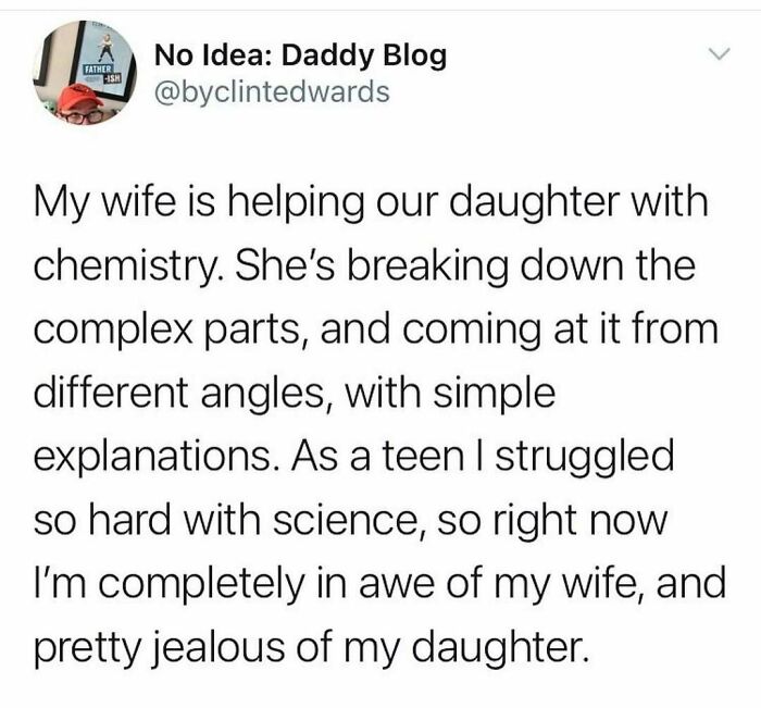 Screenshot of a wholesome relationship meme about a wife helping their daughter with chemistry homework.