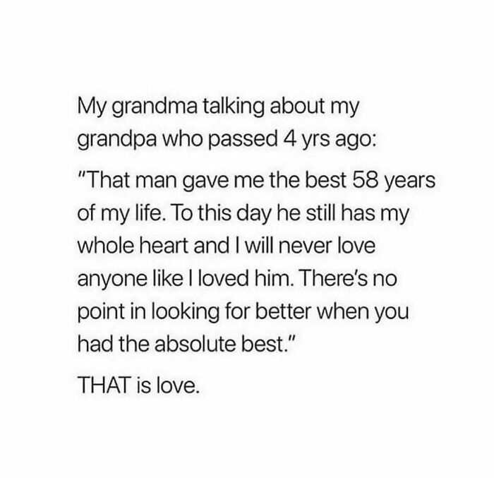 Text about a grandmother's lasting love for her late husband, showcasing wholesome relationship memes and heartfelt emotions.