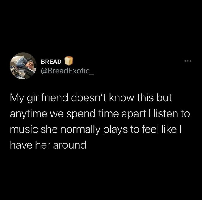 Text post about wholesome relationship memes describing listening to a partner's music to feel close when apart.