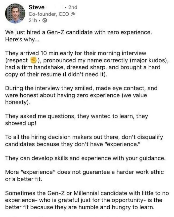 Text post about a Gen-Z job candidate showing hustle culture traits like early arrival, respect, and eagerness to learn.