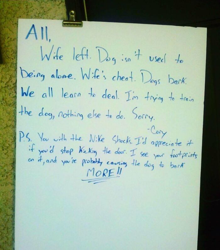 Handwritten neighbor note about dog barking and a complaint about someone kicking the door in an unbearable neighbors dispute.