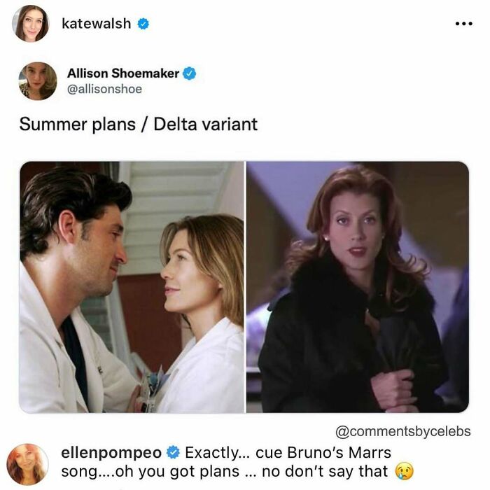 Celebs dropping unexpected gems in comments with humorous takes on summer plans and the Delta variant.