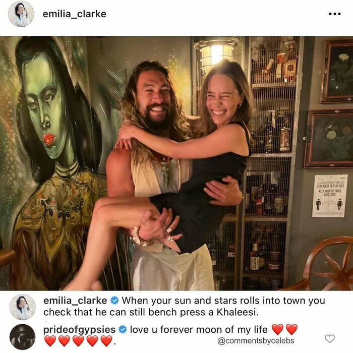 Emilia Clarke and Jason Momoa laughing and posing, showcasing moments where celebs dropped unexpected gems in the comments.