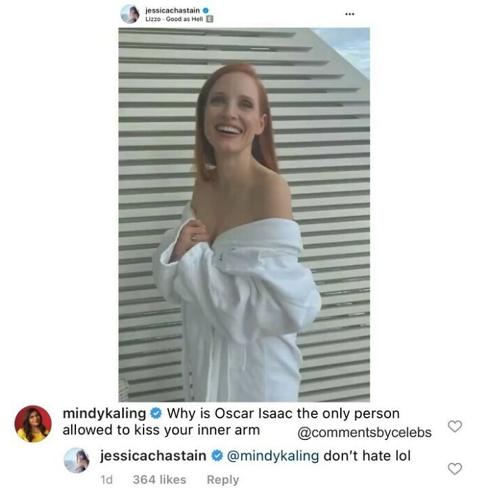 Jessica Chastain smiling in a white robe with a celebrity comment interaction dropping unexpected gems in the comments.
