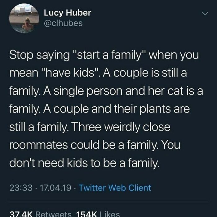 Tweet discussing the meaning of family in wholesome relationship memes, emphasizing that family goes beyond having kids.