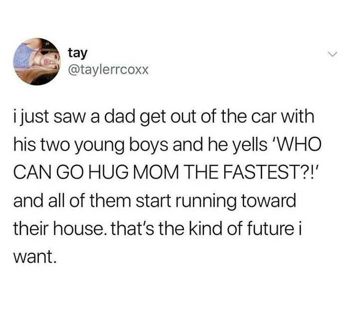 Social media post showing a dad and kids with a wholesome relationship meme about hugging mom fast.