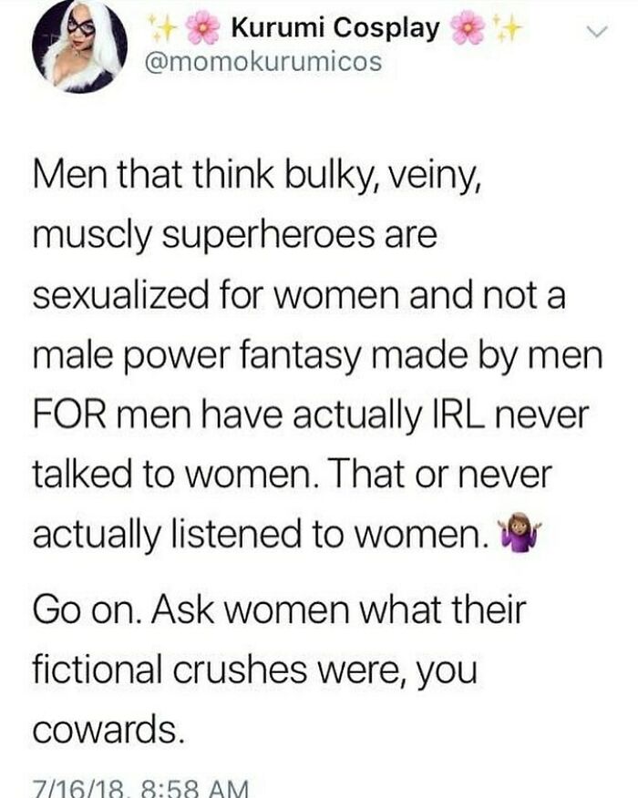 Tweet discussing misconceptions about superhero fantasies and encouraging women to share their fictional crushes in wholesome relationship memes.