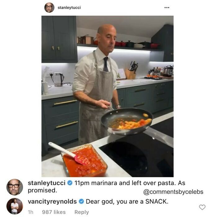Stanley Tucci cooking marinara and pasta in a modern kitchen, showcasing celeb comments dropped unexpected gems.