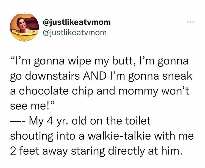 Parenting meme showing a funny quote from a 4-year-old sneaking a chocolate chip while on the toilet this back-to-school season.