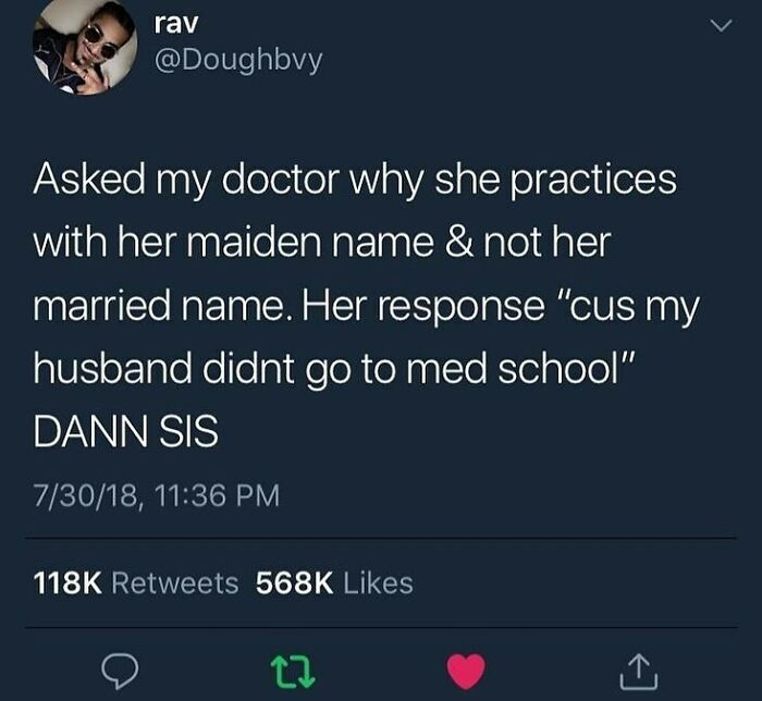 Tweet showing a humorous exchange about a doctor using her maiden name, highlighting wholesome relationship memes.