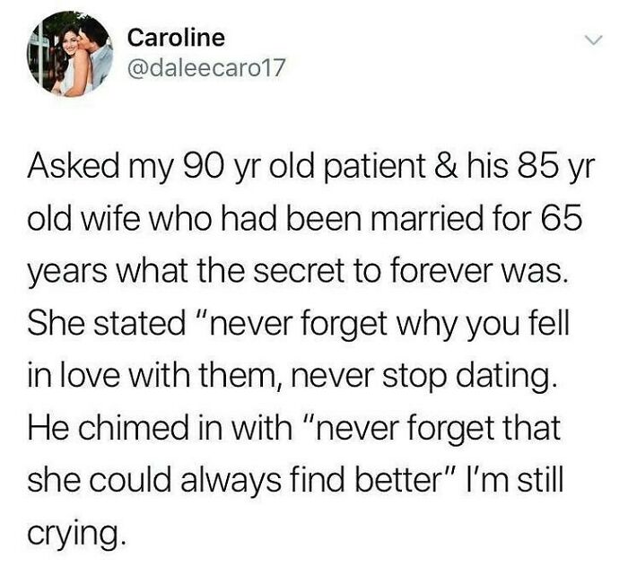 Tweet about a 90-year-old couple married 65 years sharing wholesome relationship advice in a relatable meme format.