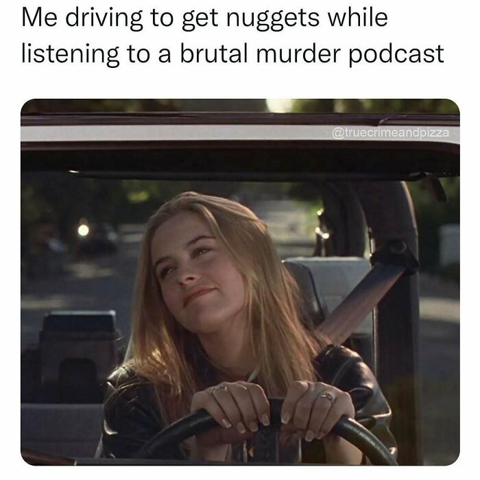 Young woman smiling while driving, enjoying true crime podcast, capturing true crime binge culture in a humorous meme.
