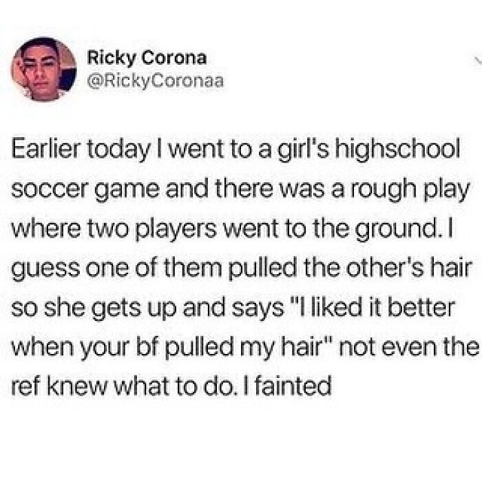 Screenshot of a humorous social media post about a playful moment in a high school soccer game, related to relationship memes.