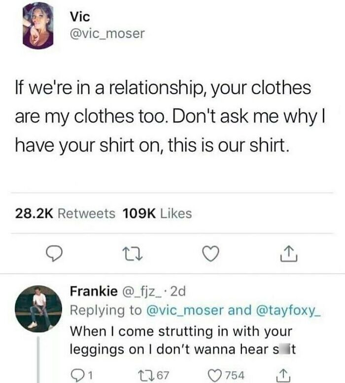 Twitter post about sharing clothes in a relationship with a funny reply, showcasing wholesome relationship memes beyond relatable.