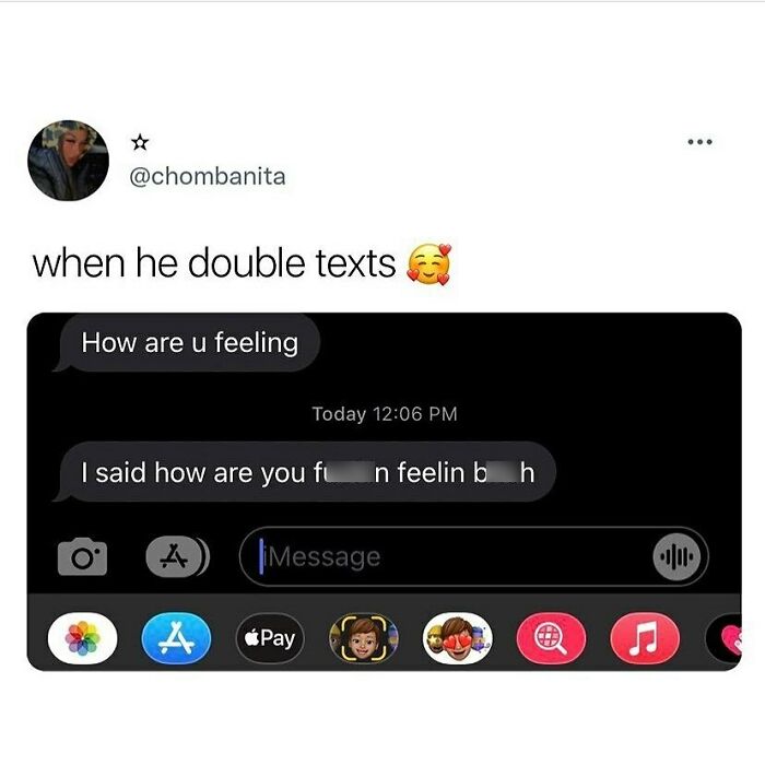 Text message exchange showing a humorous double text about feelings, illustrating wholesome relationship memes.