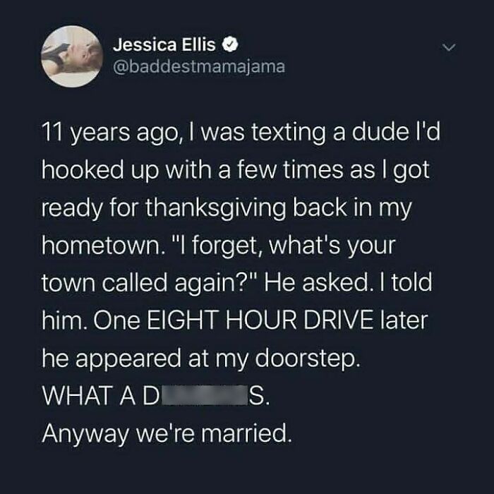 Screenshot of a wholesome relationship meme about a surprising reunion leading to marriage, reflecting relatable moments.