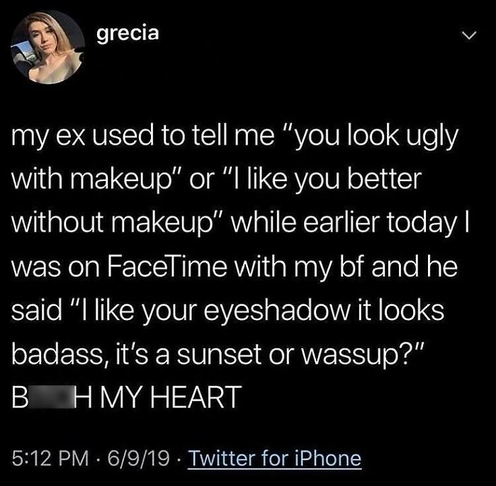 Screenshot of a wholesome relationship meme about loving makeup compliments from a supportive boyfriend on FaceTime.