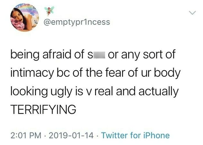Tweet about fear of intimacy and body image concerns reflecting relatable wholesome relationship memes.