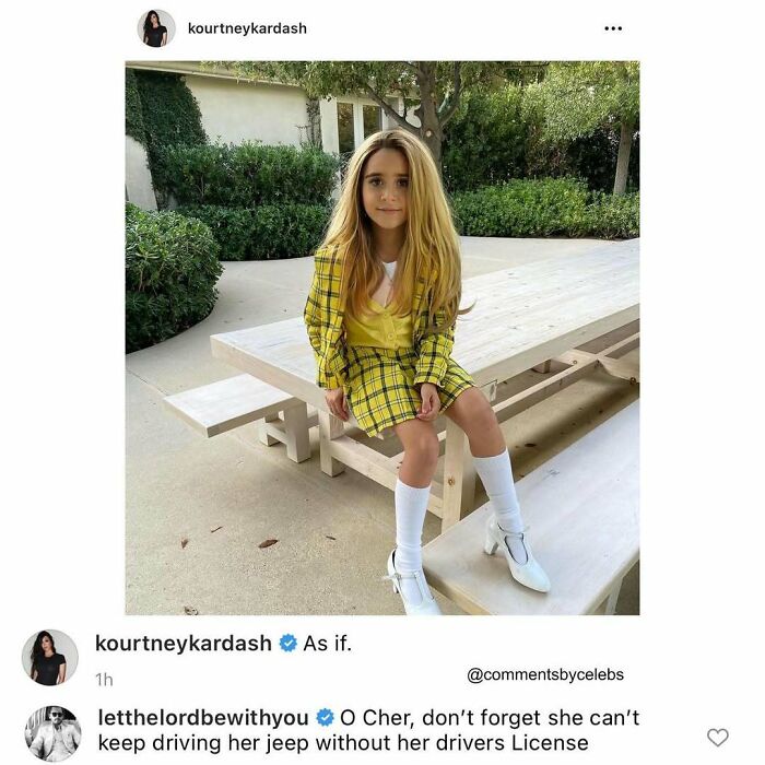 Young girl in a yellow plaid outfit sitting on a bench, featured in celeb comments dropping unexpected gems.