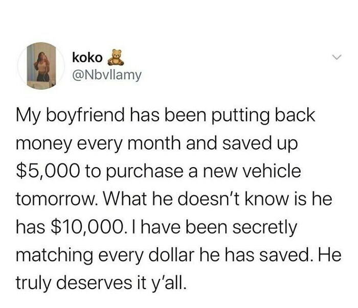 Text post about a wholesome relationship meme where a partner secretly matches savings for a new vehicle purchase.
