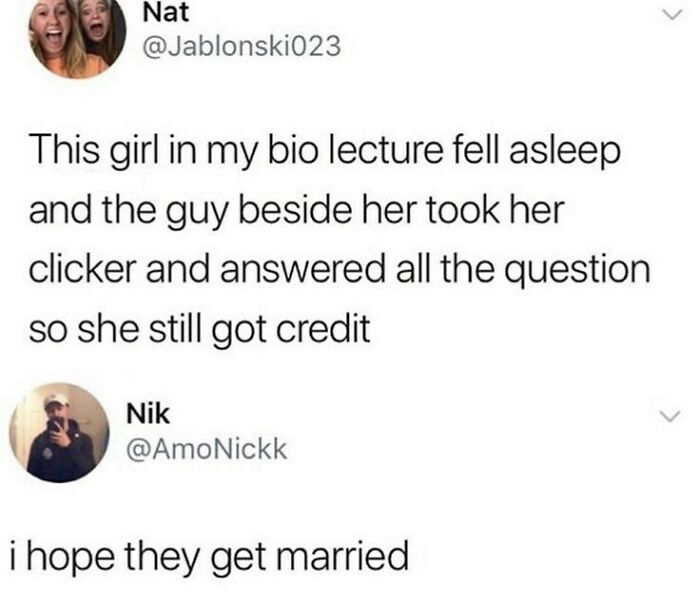 Screenshot of a wholesome relationship meme showing a guy helping his classmate by answering questions for her.