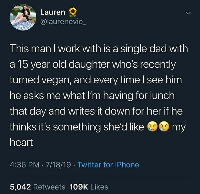 Tweet about a single dad showing care for his vegan daughter highlighting wholesome relationship memes.