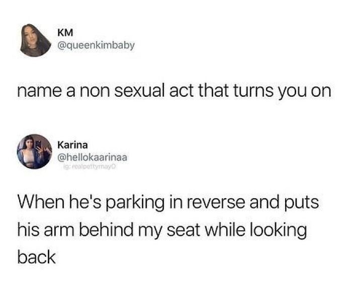 Screenshot of a wholesome relationship meme describing a non s****l act that turns someone on while parking in reverse.