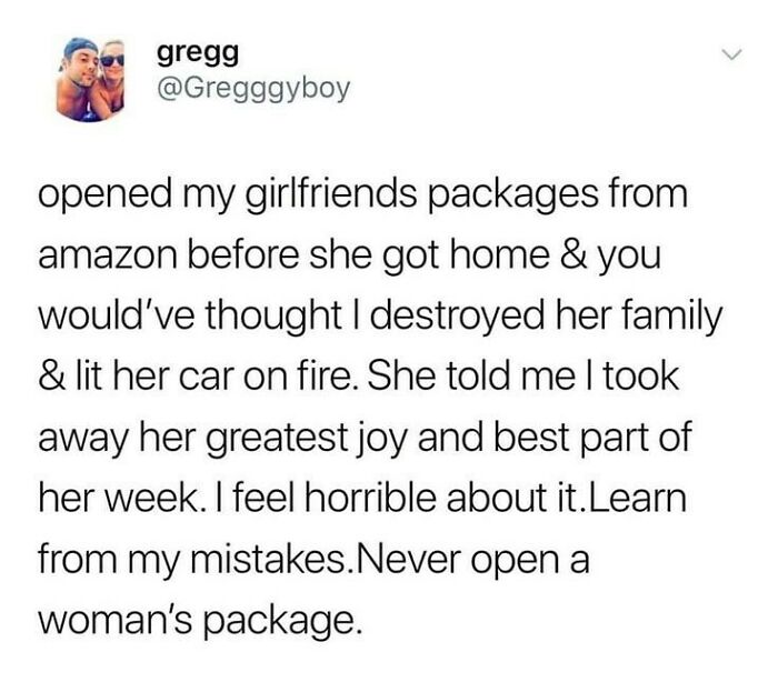 Text meme about opening a girlfriend’s Amazon packages causing distress, relatable wholesome relationship humor.