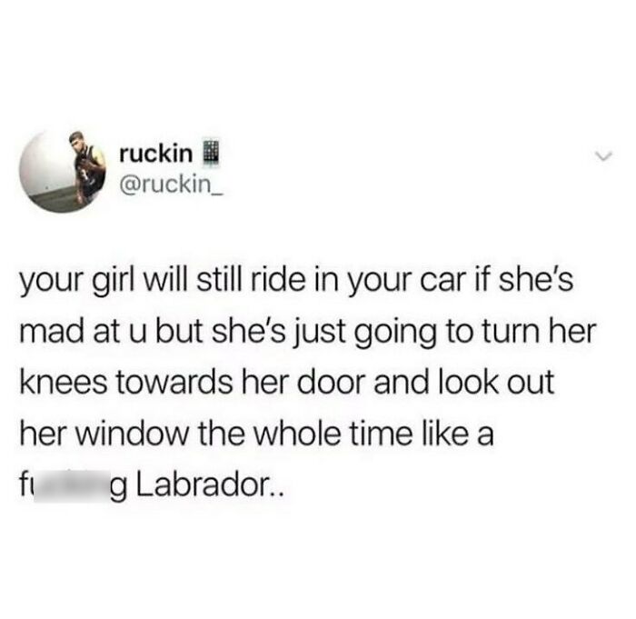Relationship meme about a girl mad but still riding in the car, turning knees to door and looking out the window.