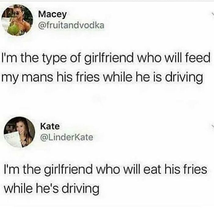 Screenshot of a wholesome relationship meme about girlfriends feeding or eating fries while their partner is driving.