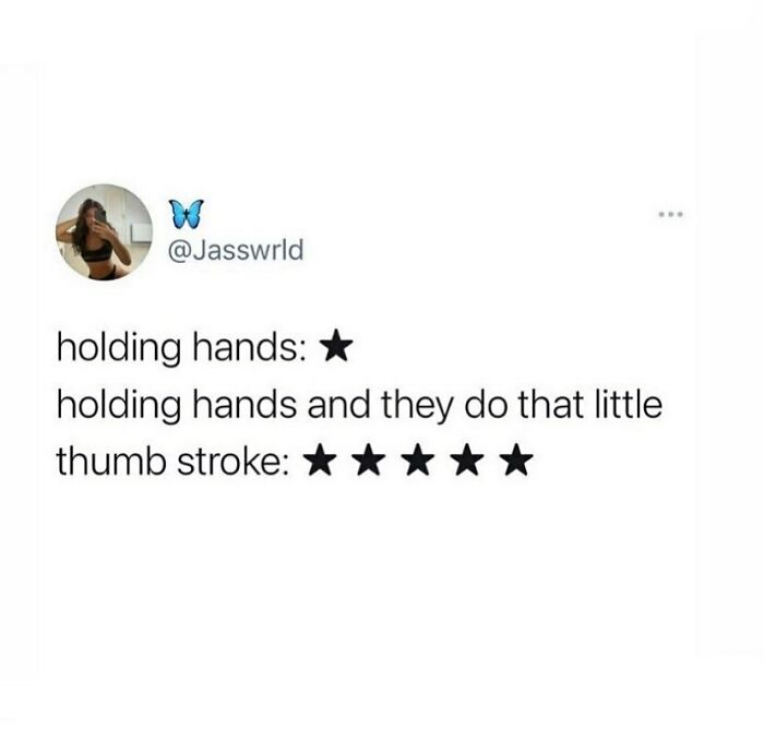 Tweet about wholesome relationship memes rating holding hands and thumb stroke with star emojis for emphasis.