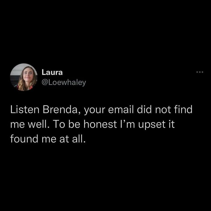 Tweet from Laura humorously responding to a corporate email, highlighting millennial corporate life frustrations.