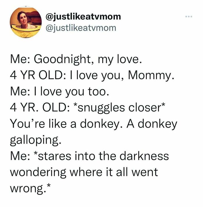 Parenting meme showing a humorous text exchange between mom and 4-year-old with funny donkey comparison.