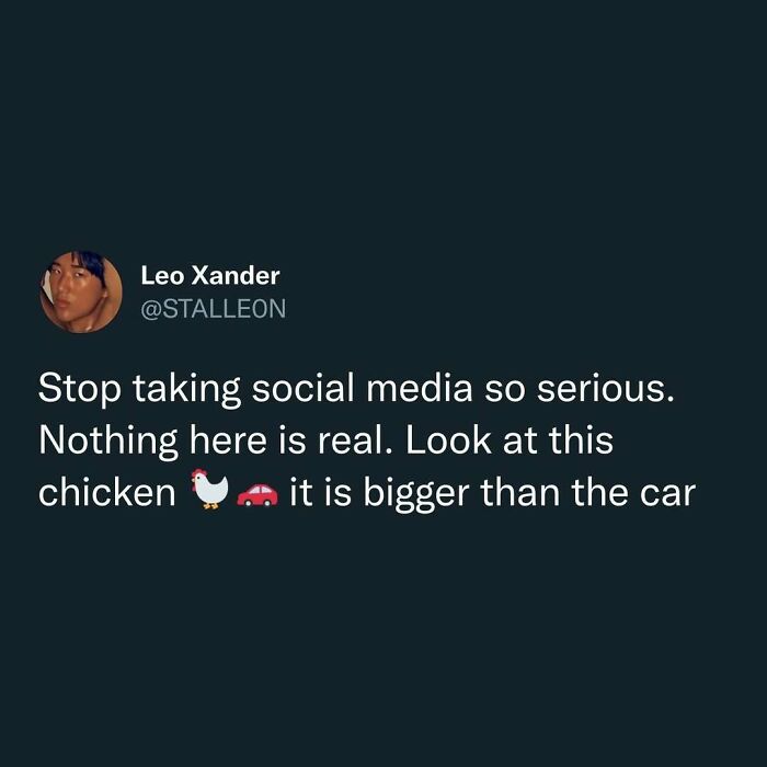 Tweet about not taking social media seriously, featuring relatable humor to laugh away fatigue of being human.