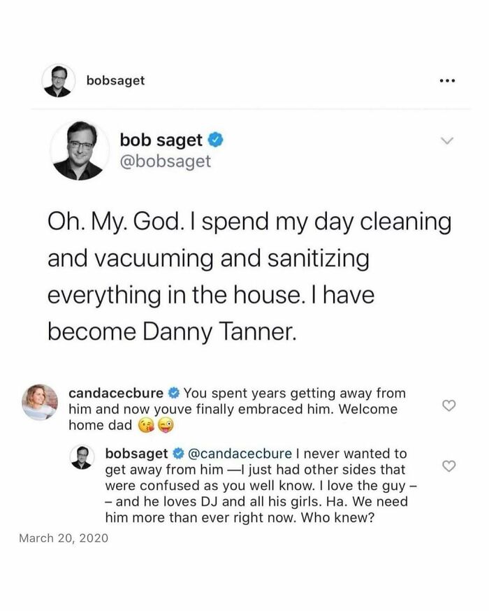 Bob Saget humorously compares himself to Danny Tanner while celebs drop unexpected gems in the comments section.